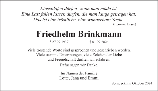 Traueranzeige von Friedhelm Brinkmann von NNA