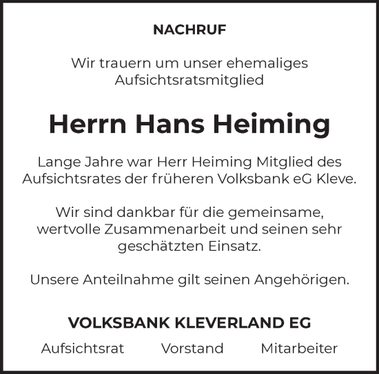 Traueranzeige von Hans Heiming von NNA