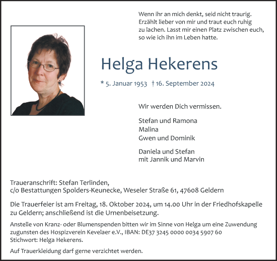 Traueranzeige von Helga Hekerens von NNA