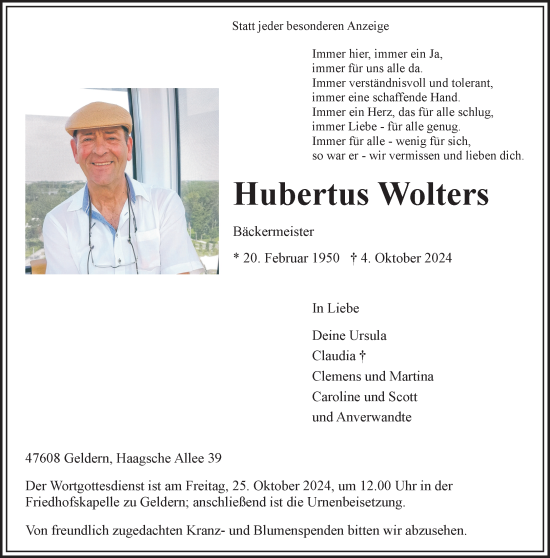 Traueranzeige von Hubertus Wolters von NNA