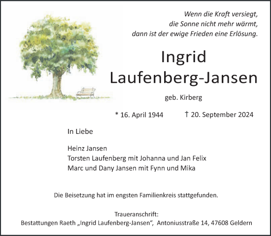 Traueranzeige von Ingrid Laufenberg-Jansen von NNA