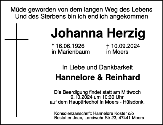 Traueranzeige von Johanna Herzig von NNA