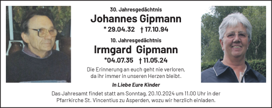 Traueranzeige von Johannes und Irmgard Gipmann von NNA