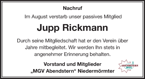 Traueranzeige von Jupp Rickmann von NNA