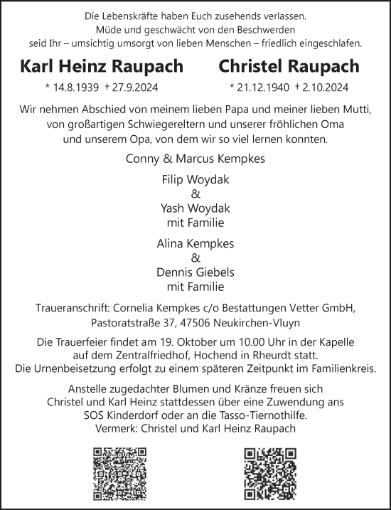 Traueranzeige von Karl Heinz und Christel Raupach von NNA