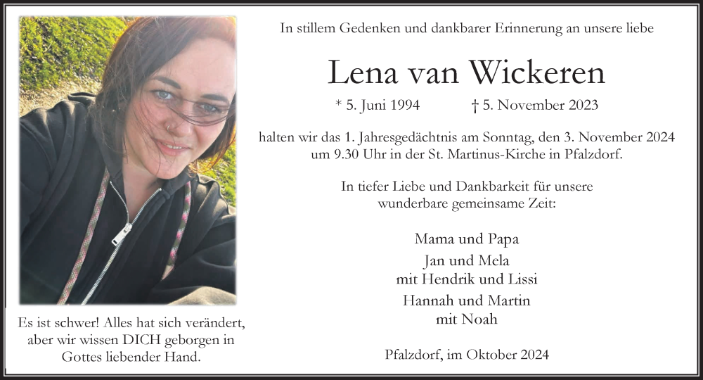  Traueranzeige für Lena van Wickeren vom 26.10.2024 aus NNA