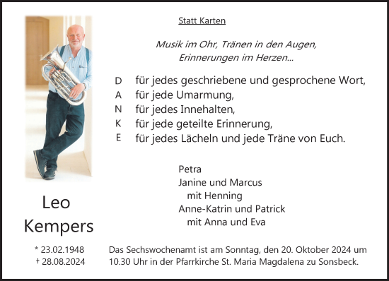 Traueranzeige von Leo Kempers von NNA