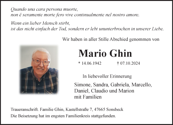 Traueranzeige von Mario Ghin von NNA