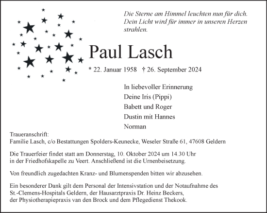 Traueranzeige von Paul Lasch von NNA