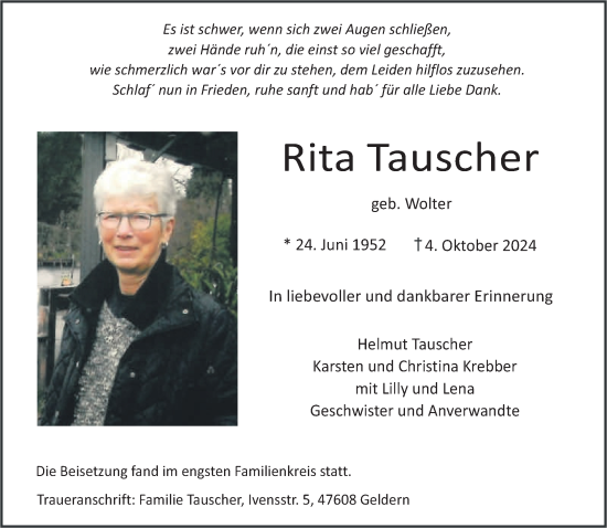 Traueranzeige von Rita Tauscher von NNA