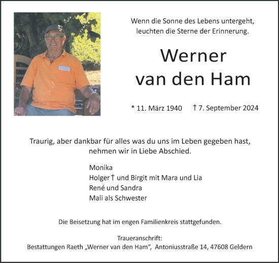 Traueranzeige von Werner van den Ham von NNA