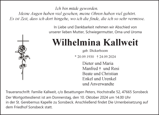 Traueranzeige von Wilhelmina Kallweit von NNA