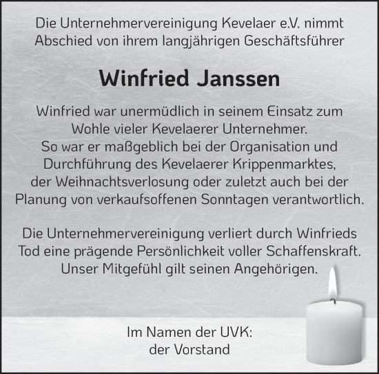 Traueranzeige von Winfried Janssen von NNA