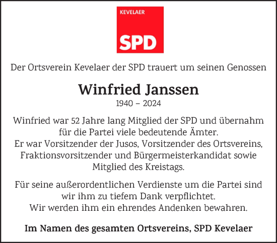 Traueranzeige von Winfried Janssen von NNA