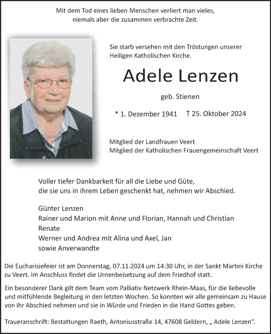 Traueranzeige von Adele Lenzen von NNA