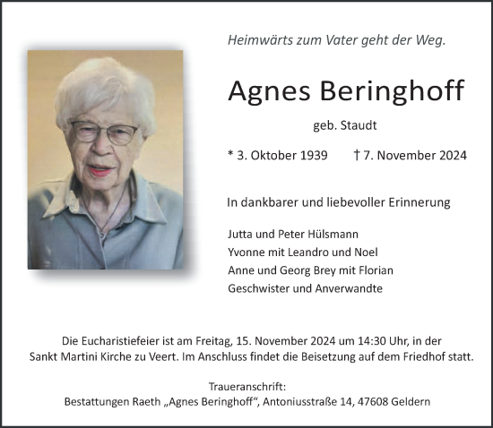 Traueranzeige von Agnes Beringhoff von NNA