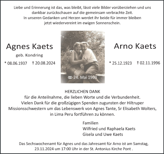 Traueranzeige von Agnes und Arno Kaets von NNA