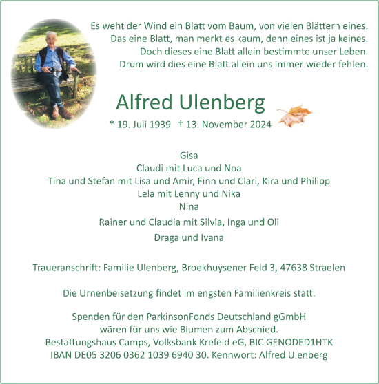 Traueranzeige von Alfred Ulenberg von NNA