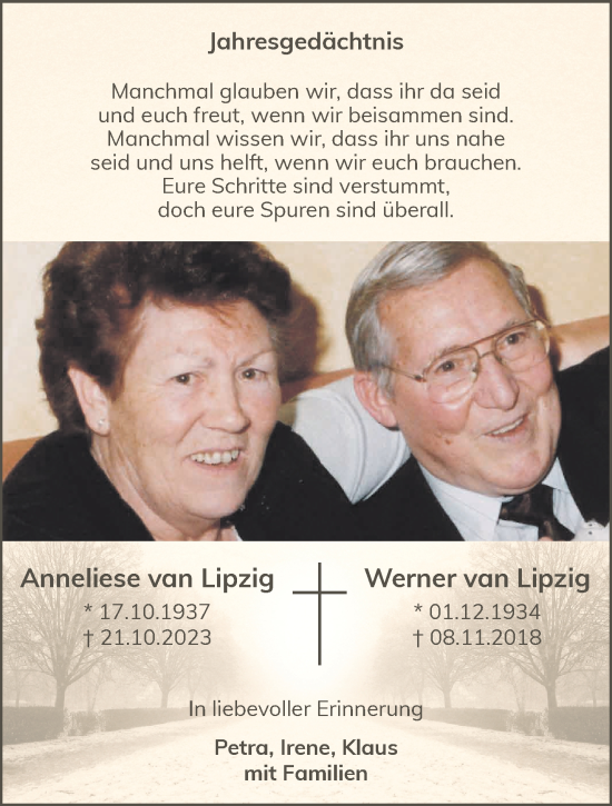 Traueranzeige von Anneliese und Werner van Lipzig von NNA