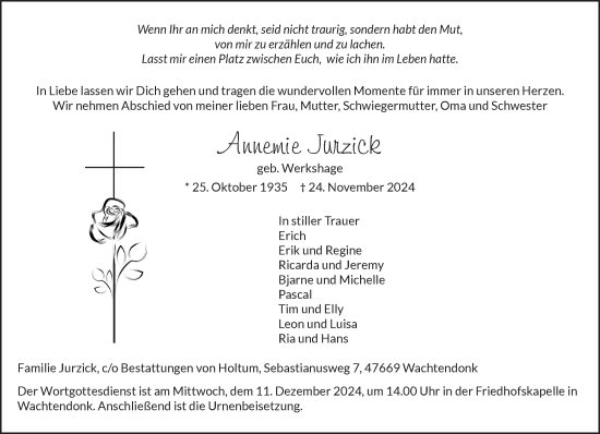 Traueranzeige von Annemie Jurzick von NNA