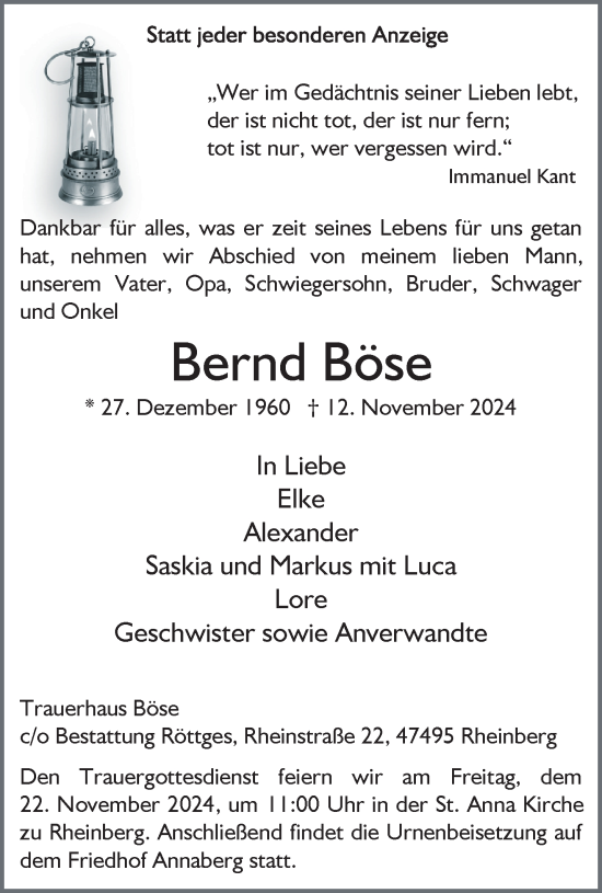 Traueranzeige von Bernd Böse von NNA