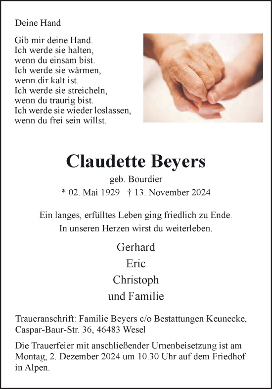 Traueranzeige von Claudette Beyers von NNA