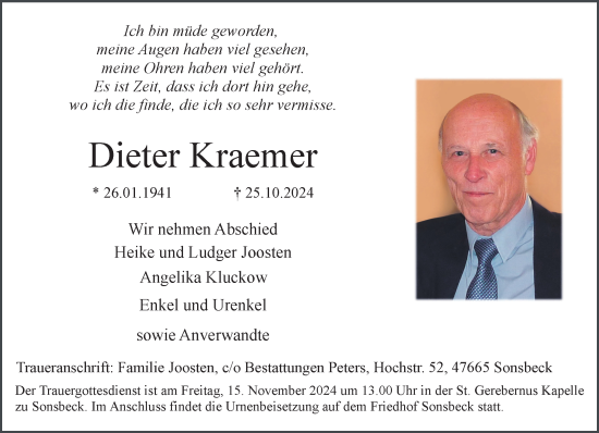 Traueranzeige von Dieter Kraemer von NNA