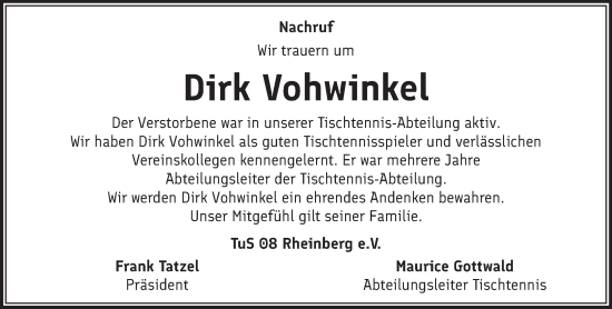 Traueranzeige von Dirk Vohwinkel von NNA