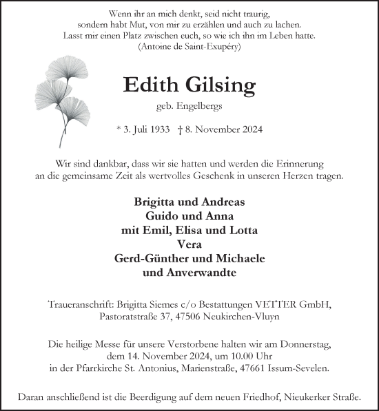 Traueranzeige von Edith Gilsing von NNA