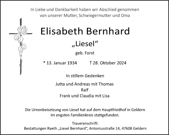 Traueranzeige von Elisabeth Bernhard von NNA