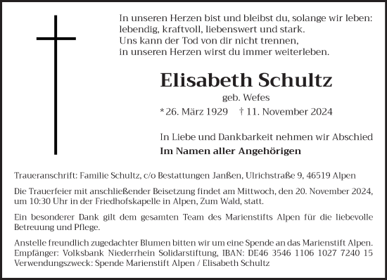 Traueranzeige von Elisabeth Schultz von NNA