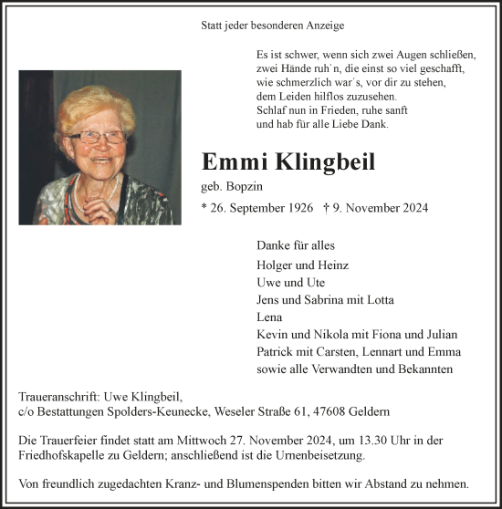 Traueranzeige von Emmi Klingbeil von NNA