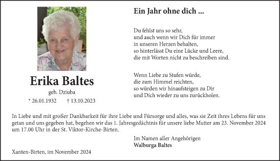 Traueranzeige von Erika Baltes von NNA