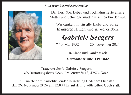 Traueranzeige von Gabriele Seegers von NNA