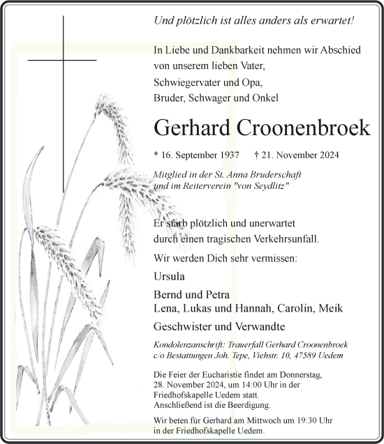 Traueranzeige von Gerhard Croonenbroek von NNA