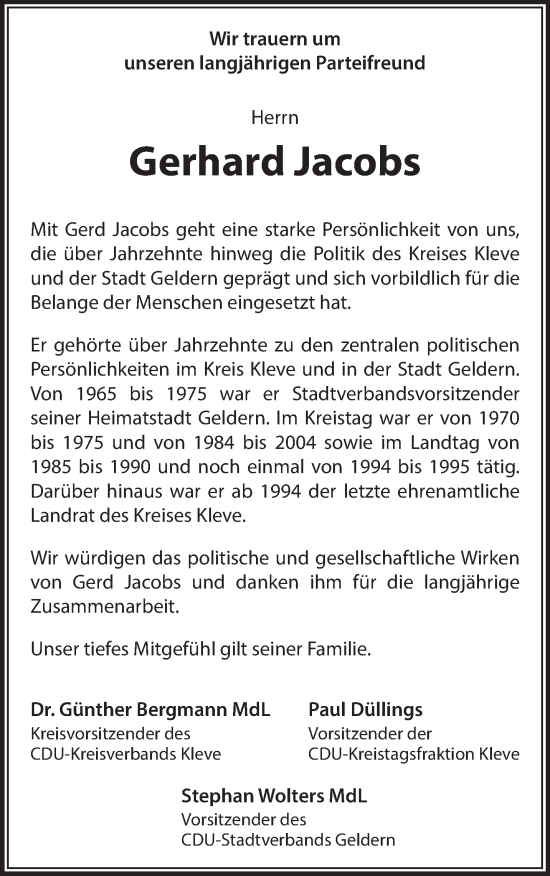 Traueranzeige von Gerhard Jacobs von NNA