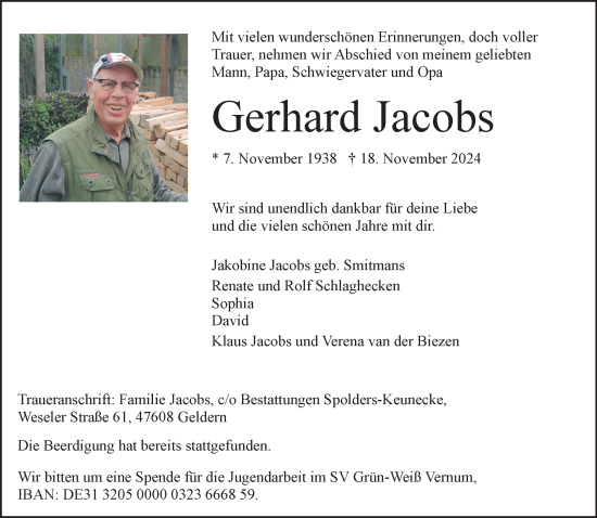 Traueranzeige von Gerhard Jacobs von NNA