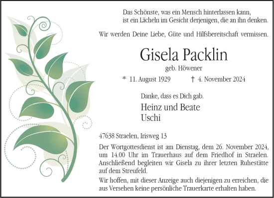 Traueranzeige von Gisela Packlin von NNA