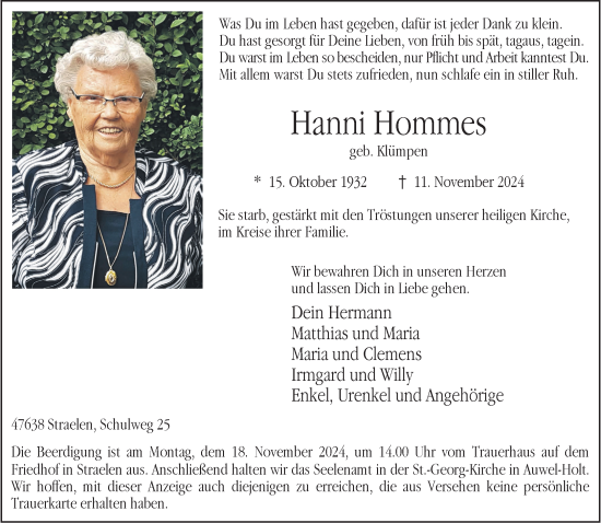 Traueranzeige von Hanni Hommes von NNA