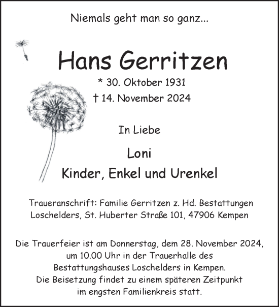 Traueranzeige von Hans Gerritzen von NNA