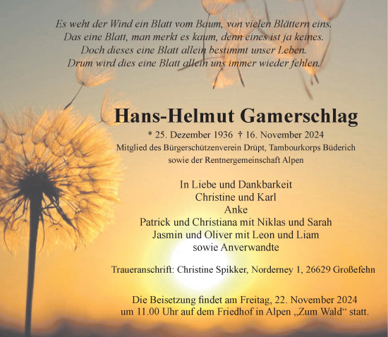 Traueranzeige von Hans-Helmut Gamerschlag von NNA