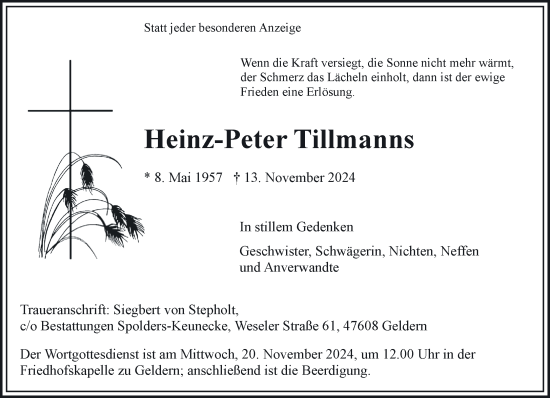 Traueranzeige von Heinz-Peter Tillmanns von NNA