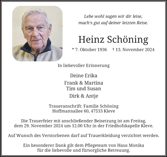 Traueranzeige von Heinz Schöning von NNA