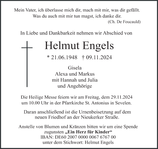 Traueranzeige von Helmut Engels von NNA