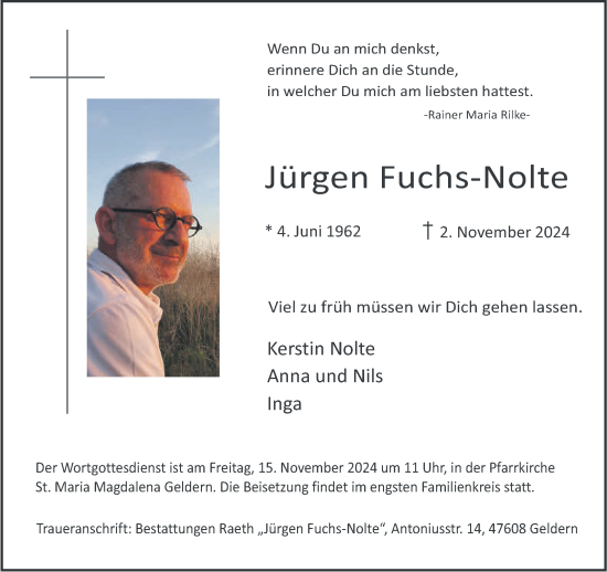 Traueranzeige von Jürgen Fuchs-Nolte von NNA