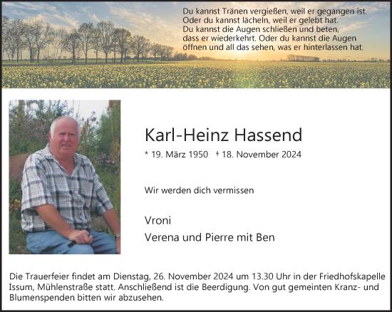 Traueranzeige von Karl-Heinz Hassend von NNA