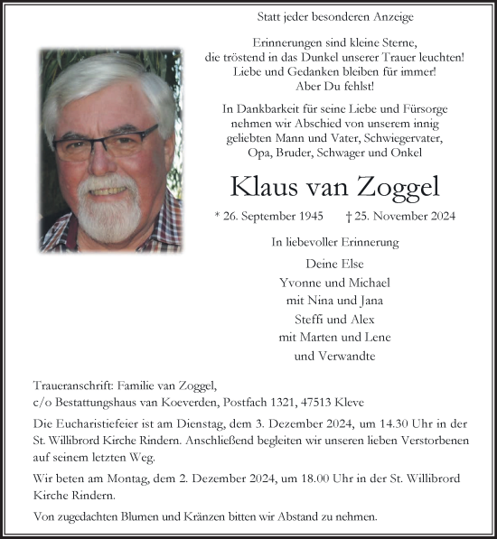 Traueranzeige von Klaus van Zoggel von NNA