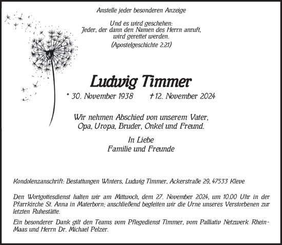 Traueranzeige von Ludwig Timmer von NNA