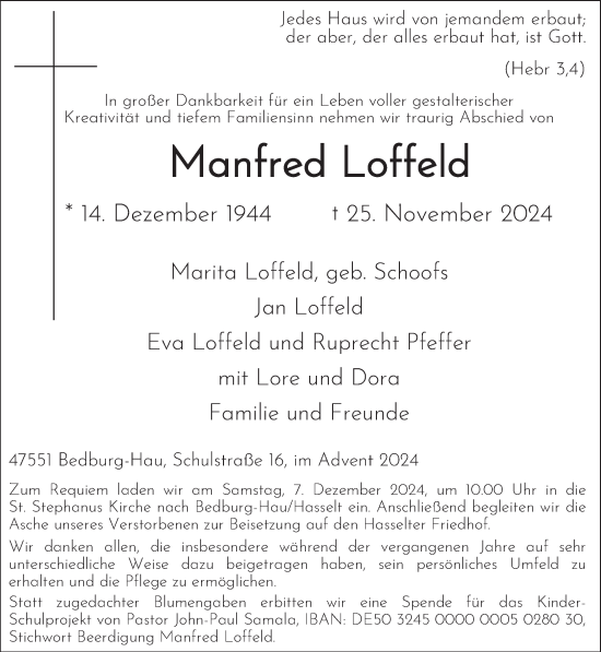 Traueranzeige von Manfred Loffeld von NNA