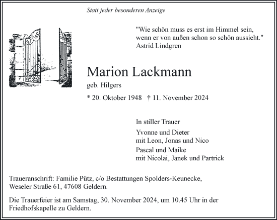 Traueranzeige von Marion Lackmann von NNA